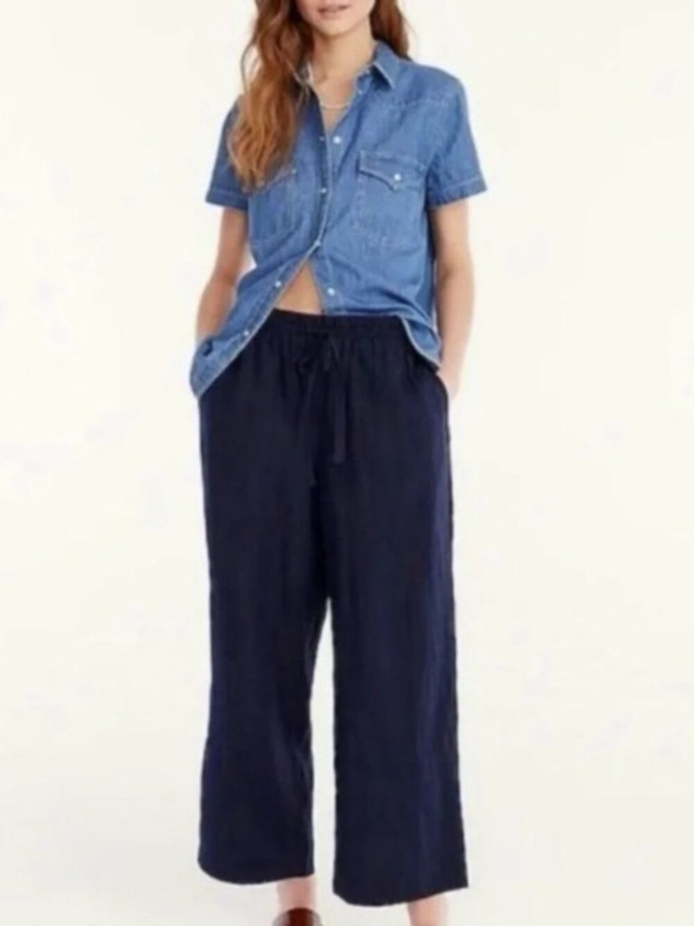 J.Crew Seaside Cropped Linen Pull On Pants Navy Wide Leg Size L